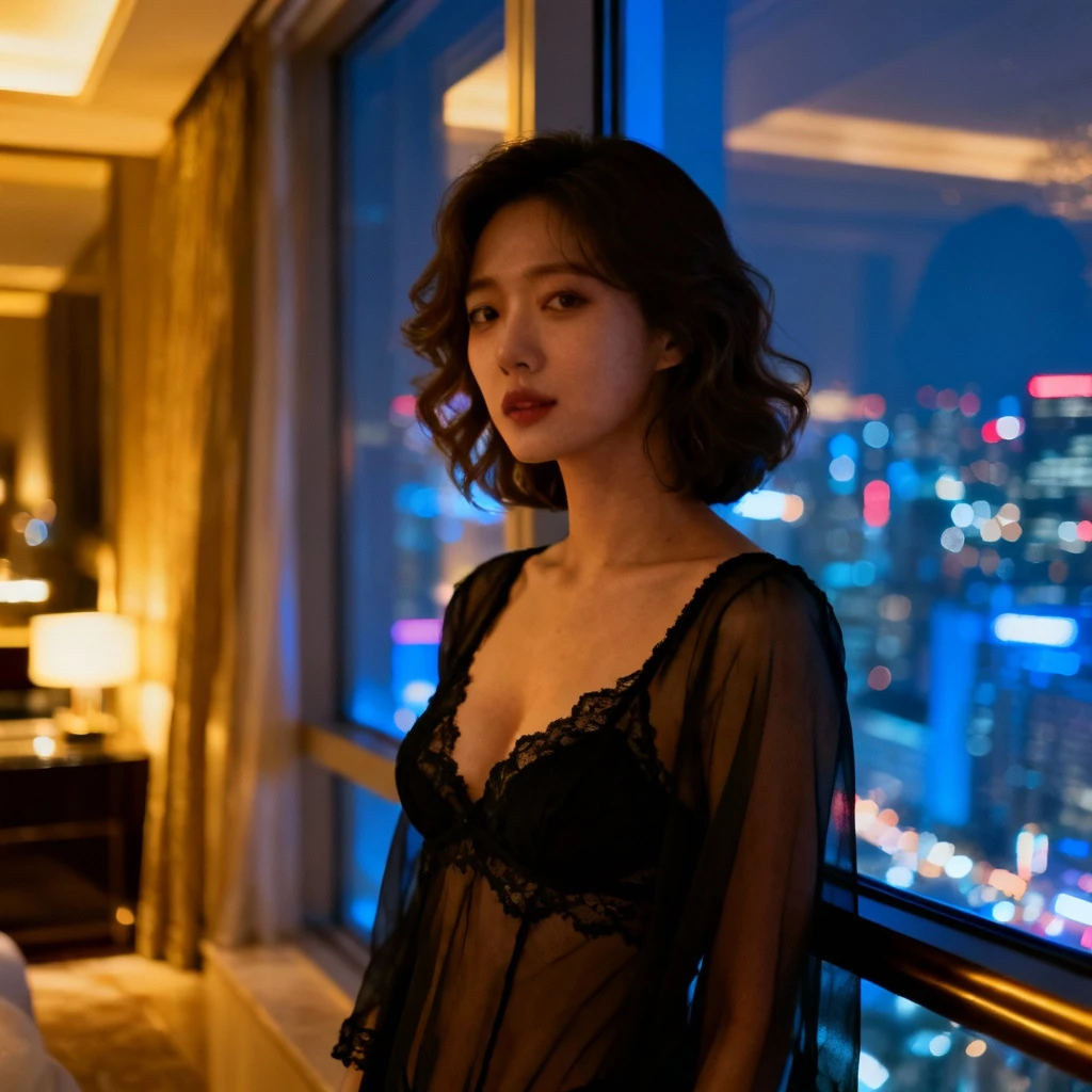 シアーブラックランジェリーの韓国人女性 - 高級ホテル窓の美学