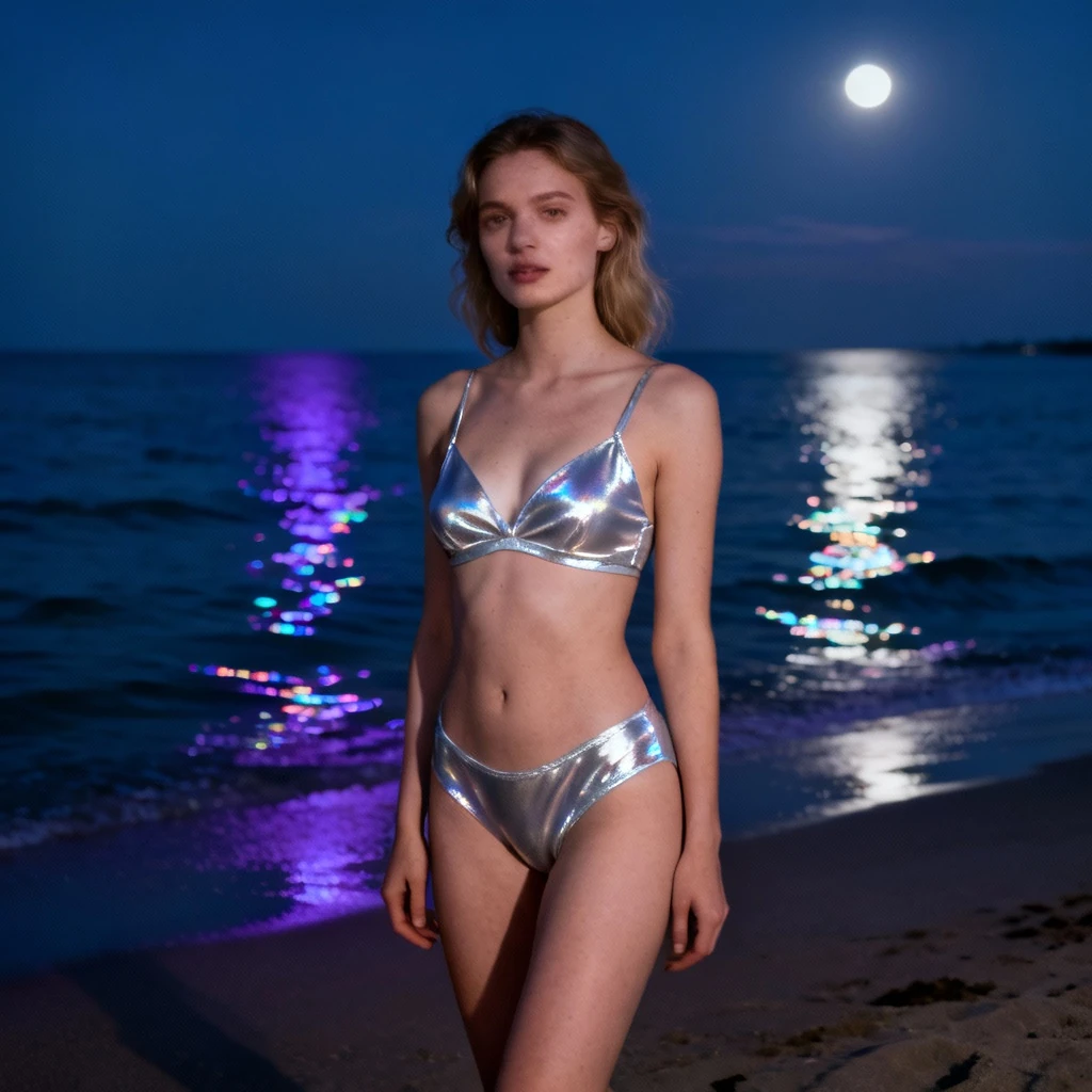 シルバーリフレクティブランジェリーのヨーロッパ人モデル - 夜のビーチ美学
