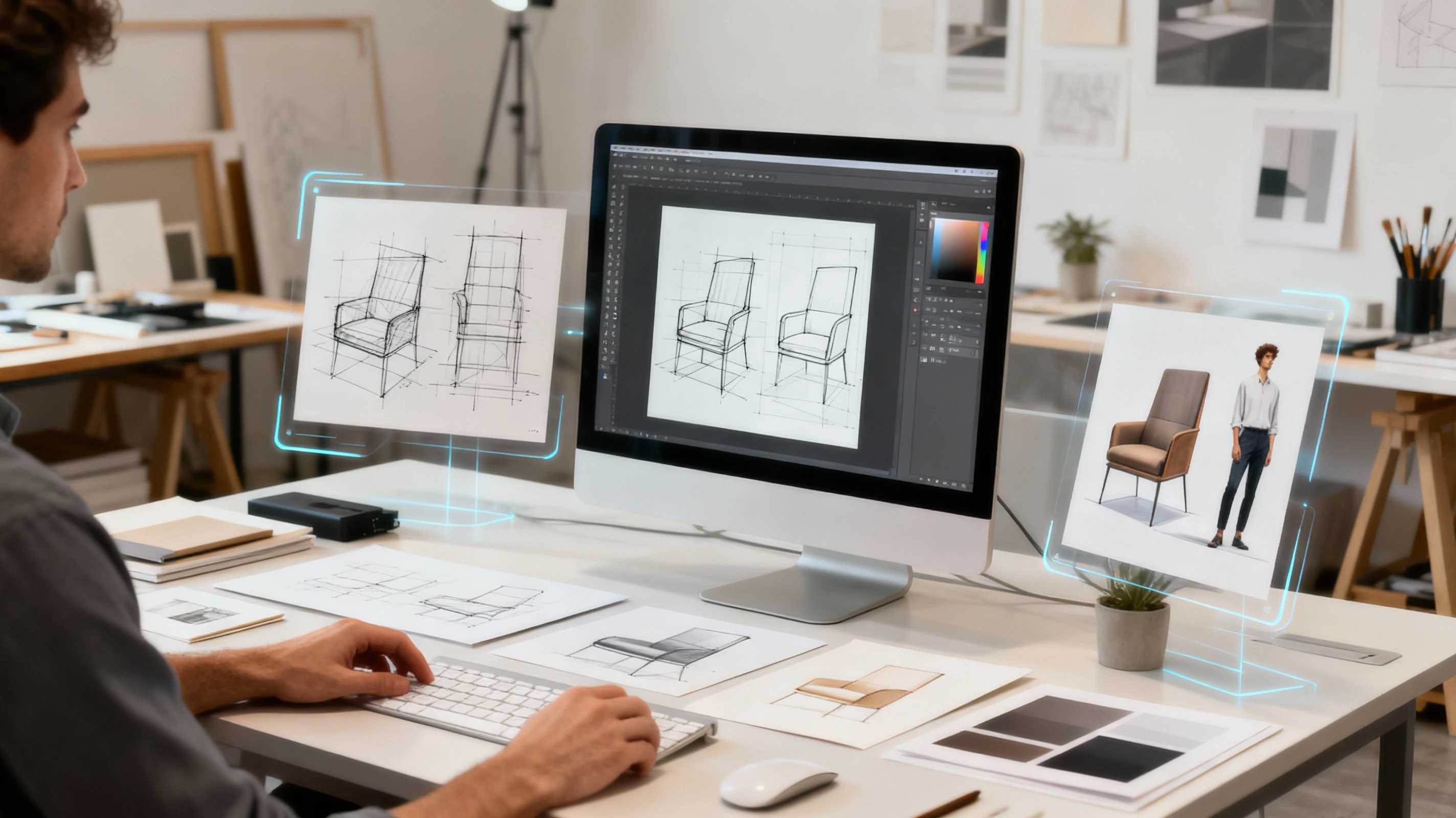 Designer workflow with Nano Banana 2 AI tools showing rapid iteration and concept development