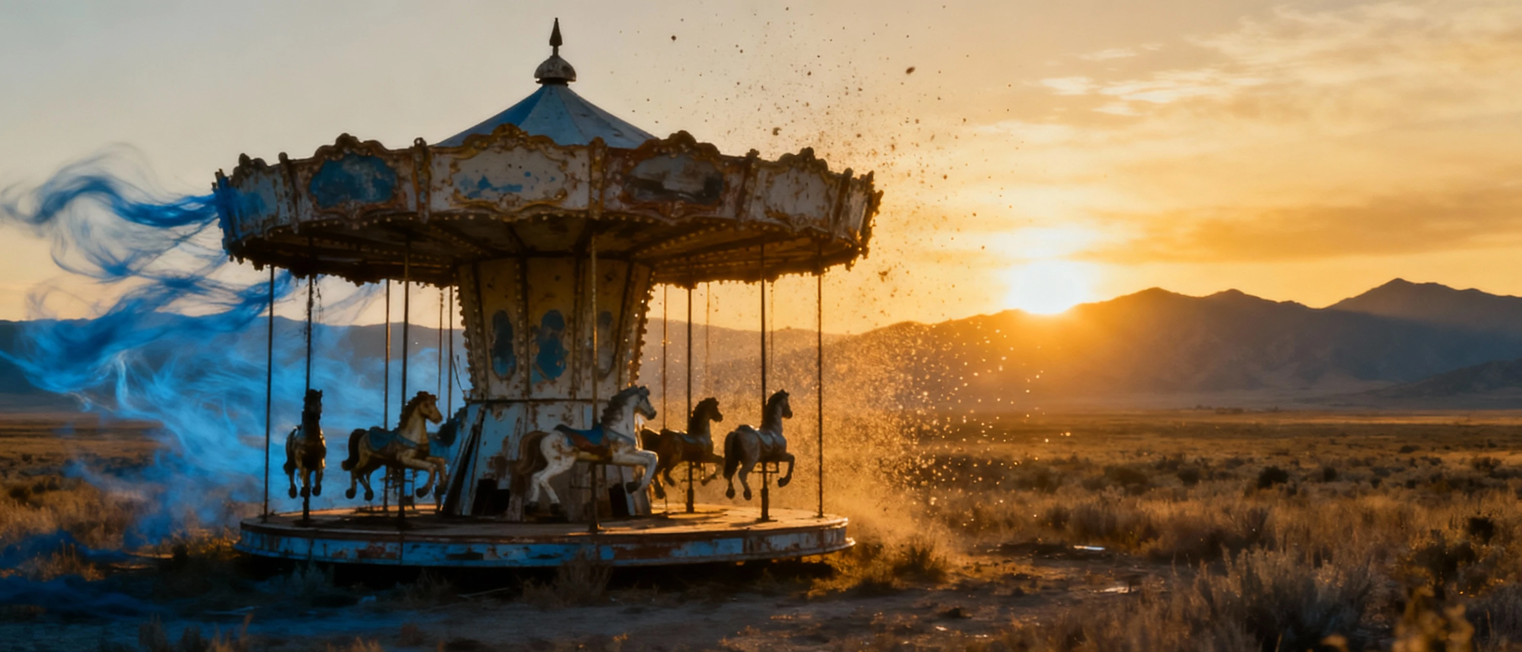 Forgotten carousel in wilderness at golden sunset - AI generated image