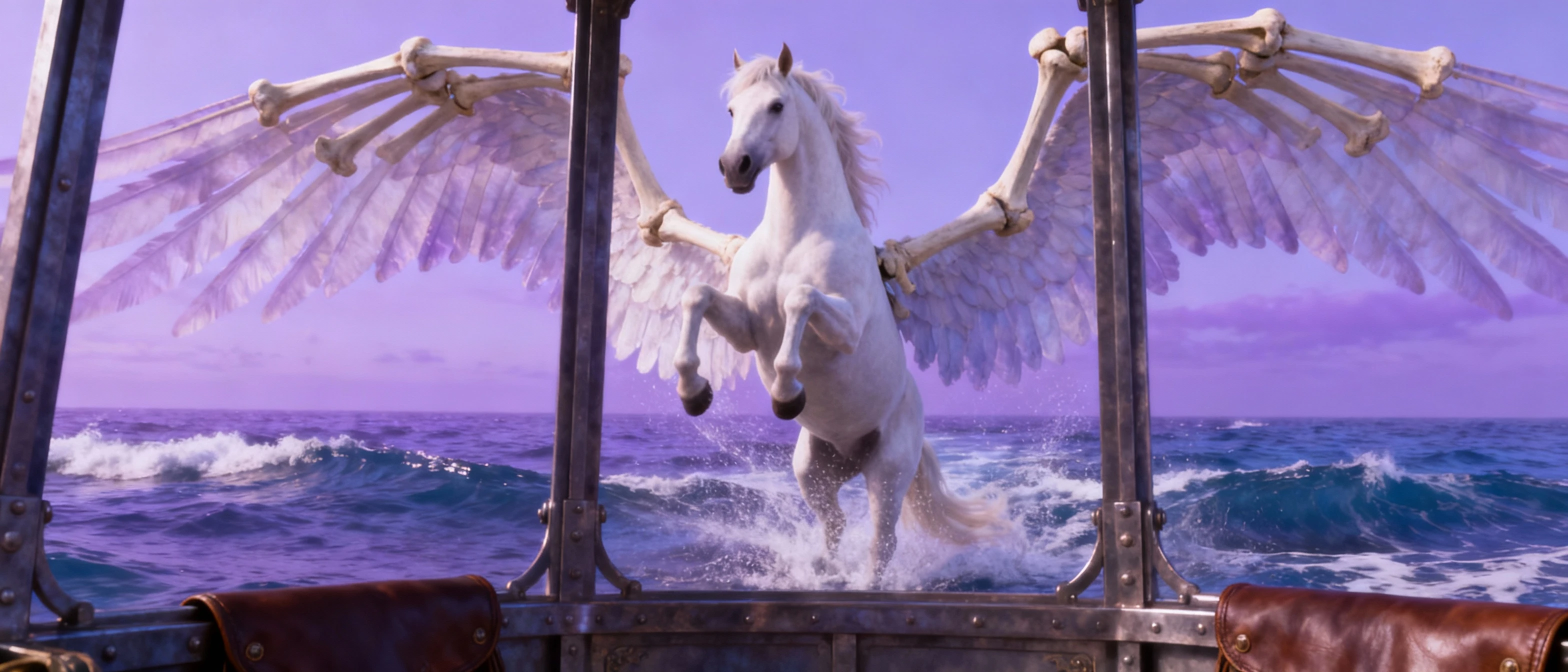 White horse with ethereal wings under purple sky - AI generated surreal art